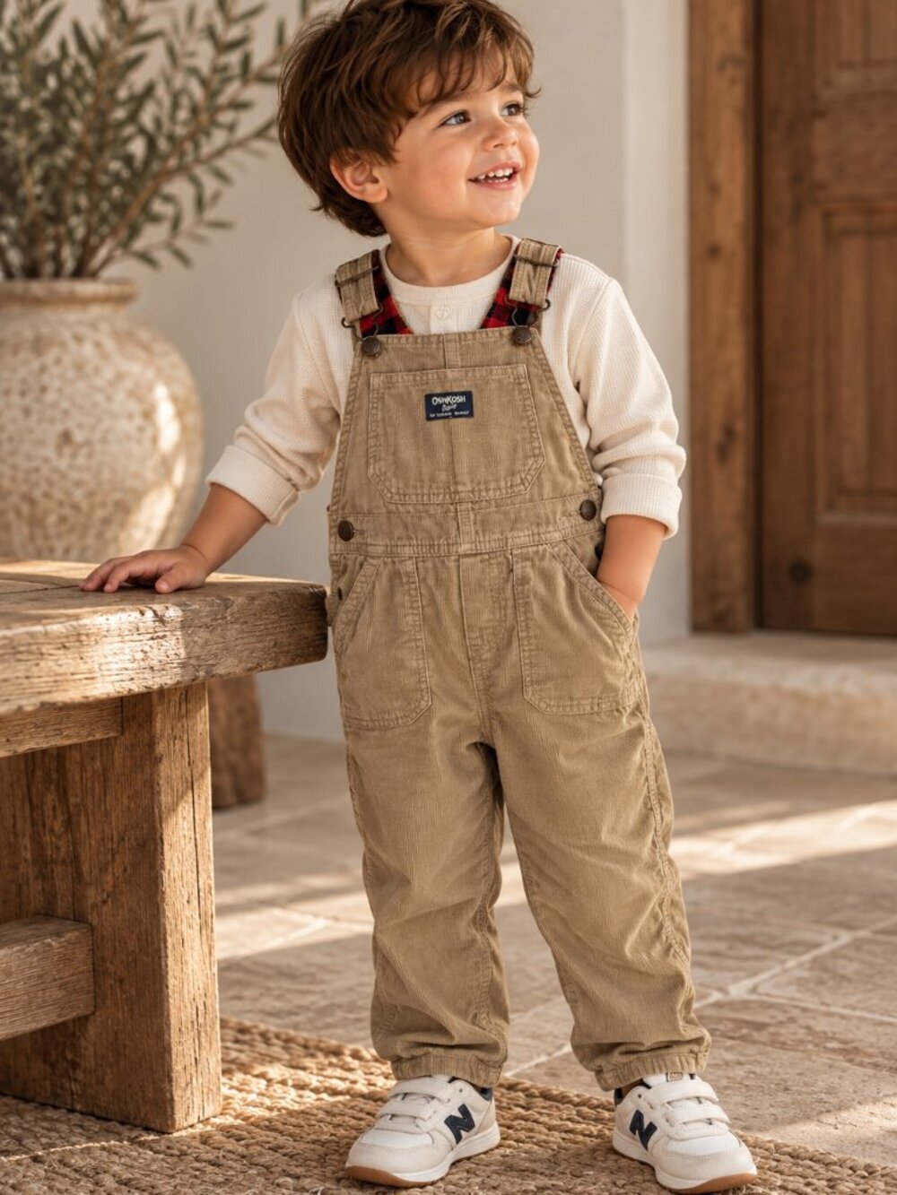 OshKosh B'gosh Toddler Corduroy Overalls 3T Tan Khaki Plaid Lined Dungarees